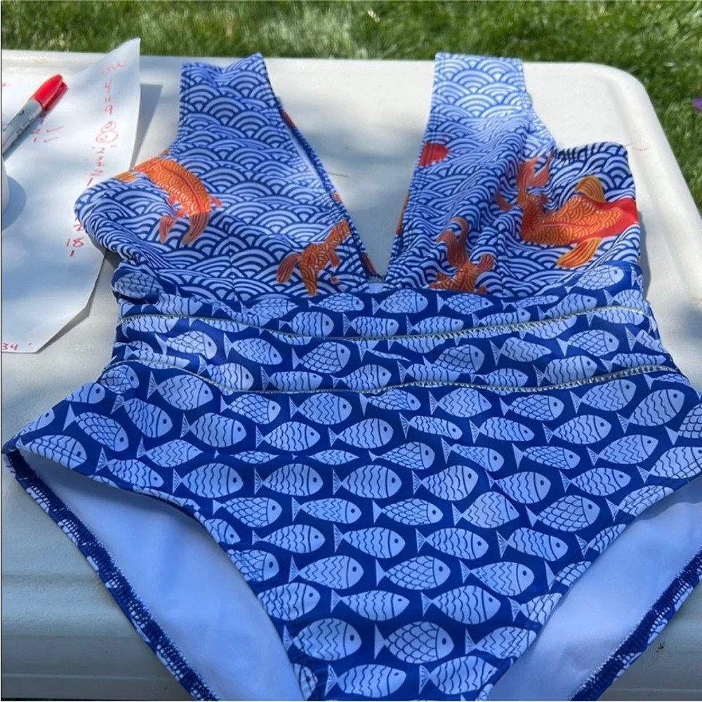 Averie Nirali Plunge One Piece Fish Print Blue Orange - Picture 3 of 6